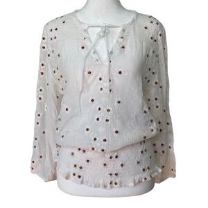 fig & flower Smocked Semi-Sheer Peasant Top with Embroidered Flowers (Size M)